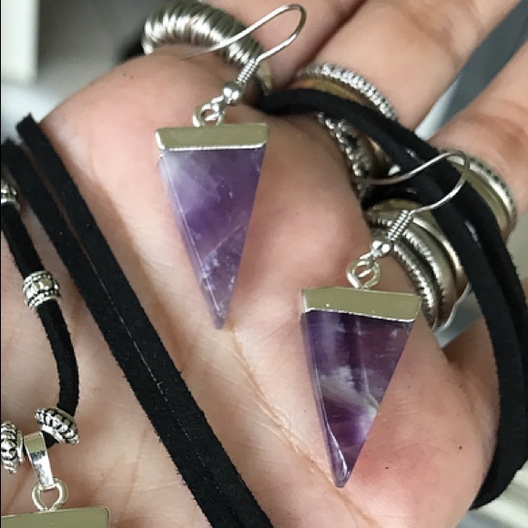 Amethyst triangle set choker necklace + earrings - Picture 5 of 8